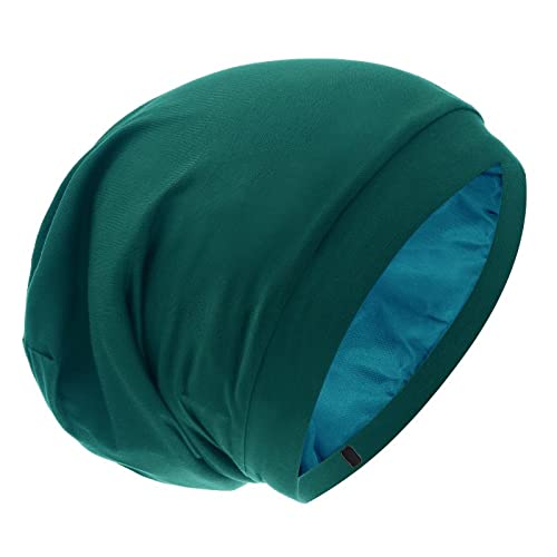 Silk Satin Lined Bonnet Sleep Cap - Adjustable Stay on All Night Hair Wrap Cover Slouchy Beanie for Curly Hair Protection for Women and Men - Solid Forrest Green
