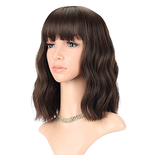 FAELBATY Short Brown Wigs With Bangs Shoulder Length Wig For Women Curly Wavy Synthetic Cosplay Wig for Girl Costume Wigs (12" Natural Black Dark Brown Mix Color)