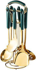 Generic Stainless Steel Kitchen Utensil Set, Spoon, Spatula, Pasta Server, Small Spatula (Green & Gold)