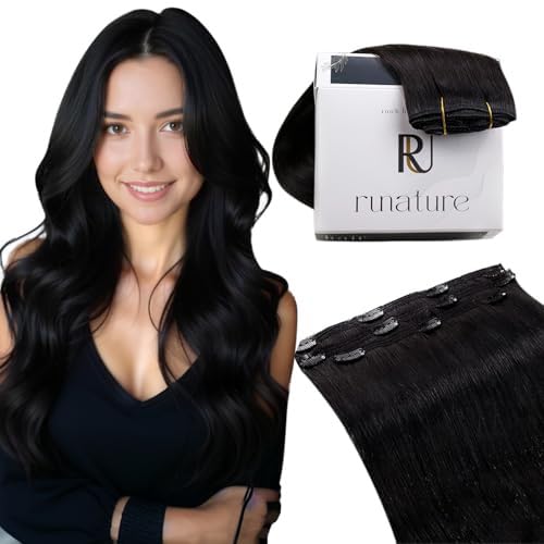 RUNATURE Black Clip in Hair Extensions Real Human Hair, Remy Hair Extensions Clip Ins, Double Weft Human Hair Clip in Extensions for Women, Add Hair Length, 18 Inch 50g 3pcs #1B Off Black