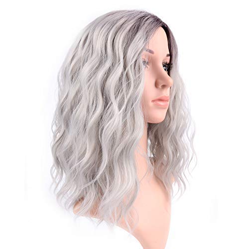 FAELBATY 14" Short Curly Bob Grey Wigs Shoulder Length Side Part Women's Short Wig for Girl Halloween Costume Cosplay Wigs Ombre Purple Grey Color