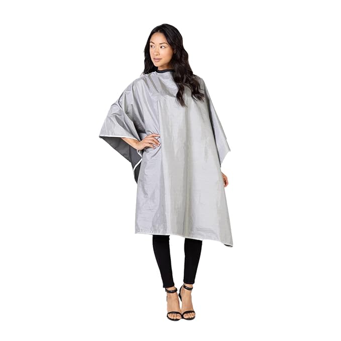 Betty Dain Reversi Reversible Coloring/Styling Cape, Two-Sided Cape, Black Side Has Chemical Proof Finish for Processing, Snap Closure at Neck, 50 x 60 Inches, Silver/Black