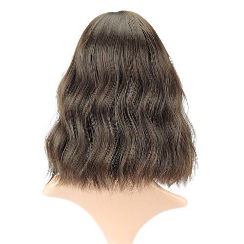 FAELBATY Short Brown Wigs With Bangs Shoulder Length Wig For Women Curly Wavy Synthetic Cosplay Wig for Girl Costume Wigs (12" Natural Black Dark Brown Mix Color)