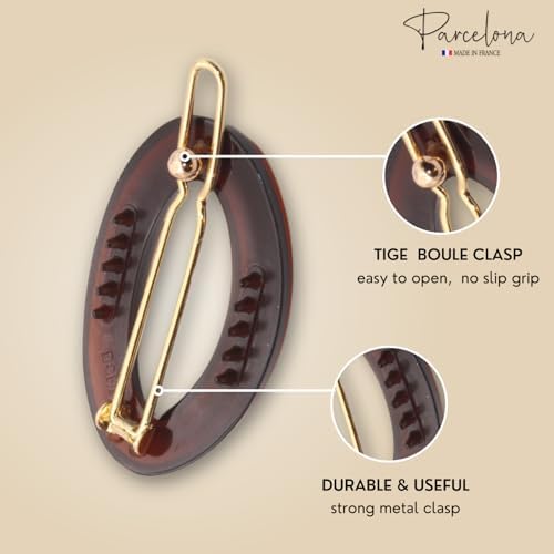 Parcelona French Eggie Oval Shell Black Mini Celluloid Acetate Side Slide Barrette Snap on Hair Clips - 4 Pieces