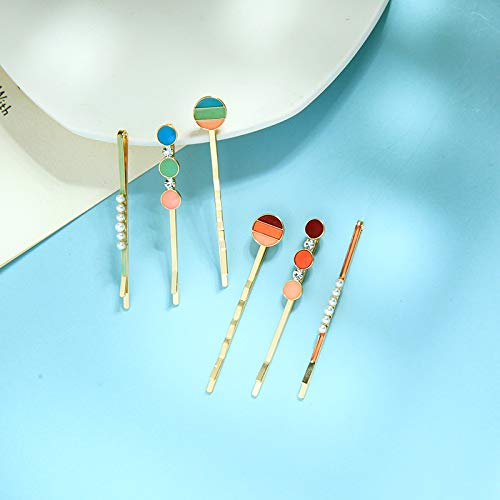 WHITEBRIDGE 6pcs Multicolor Circular Enamel Hair Bobby Pins Simple Metallic Barrettes Fashionable Hair Clips for Women Girls, Pearl Hairpins Crystal Rhinestone Bobby Pins