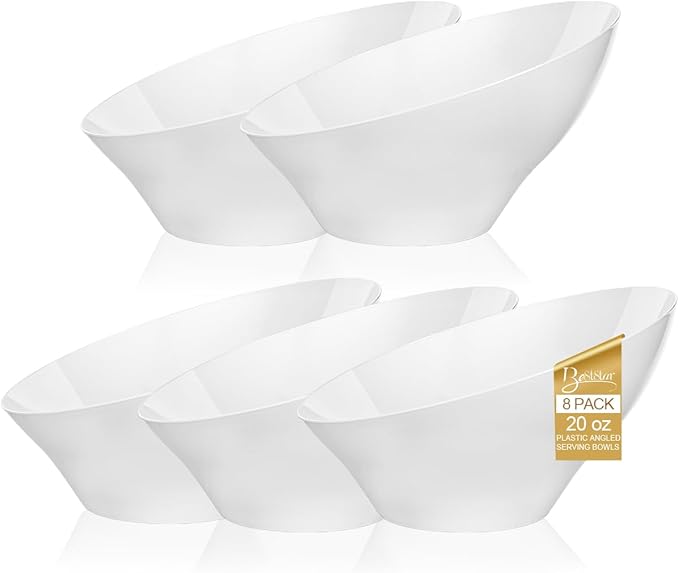 BESTSTAR 20OZ Plastic White Serving Bowls 8 Pack Angled Disposable Party Bowls for Chips, Salad, Fruit & Candy – Heavy Duty Clear Serving Bowls for Parties, Buffet, Catering, Christmas