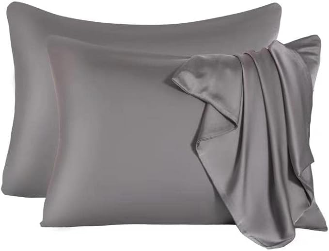 2 Pcs Mulberry Silk Pillowcase for Hair and Skin,Cooling Silk Pillow Case with Hidden Zipper,Allergen Proof Dual Sides Soft Breathable Smooth Silk Pillow Cover for Women(Queen-2PCS,Dark Gray)