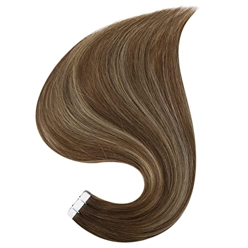 Full Shine Human Hair Tape in Extensions 16inch Brown Balayage Hair Extensions Tape in Brown to Blonde Ombre Highlights Human Extensions Glam Seamless 20Pcs 50Grams