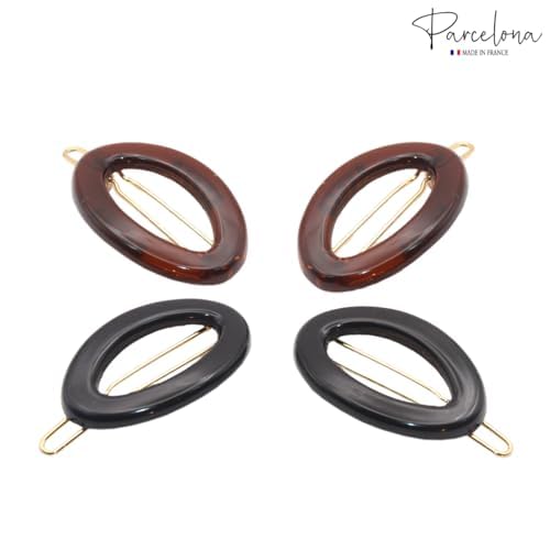 Parcelona French Eggie Oval Shell Black Mini Celluloid Acetate Side Slide Barrette Snap on Hair Clips - 4 Pieces