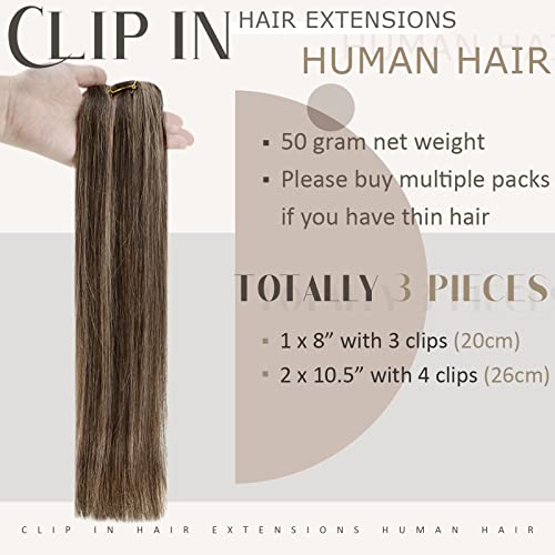 RUNATURE Real Hair Extensions Clip in Human Hair, Remy Clip in Hair Extensions Real Human Hair, Tangle-free Soft Natural Hair for Women, 12 Inch 50g 3pcs #3P12 Walnut Brown Highlight Blonde