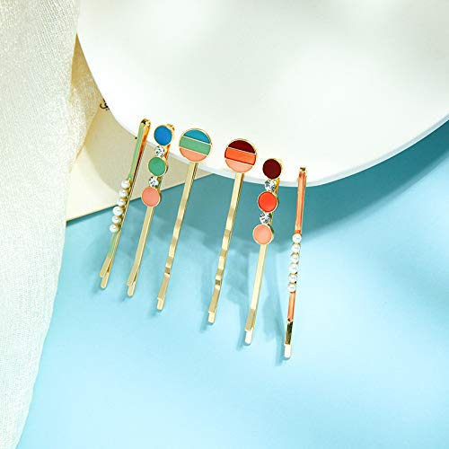 WHITEBRIDGE 6pcs Multicolor Circular Enamel Hair Bobby Pins Simple Metallic Barrettes Fashionable Hair Clips for Women Girls, Pearl Hairpins Crystal Rhinestone Bobby Pins
