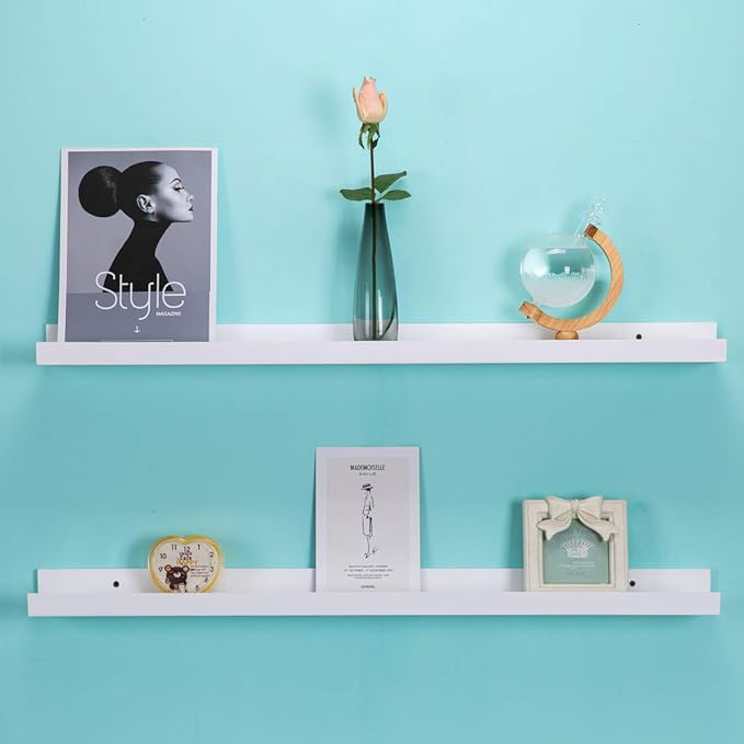 AZSKY 48 Inch White Picture Ledge Shelf Long Floating Shelves Set of 2 Wall Picture Shelf Pine Photo Frames Narrow Picture Ledge Mounting Hardware Included