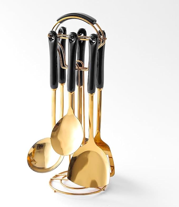 Generic Stainless Steel Kitchen Utensil Set, Spoon, Spatula, Pasta Server, Small Spatula (Black & Gold)