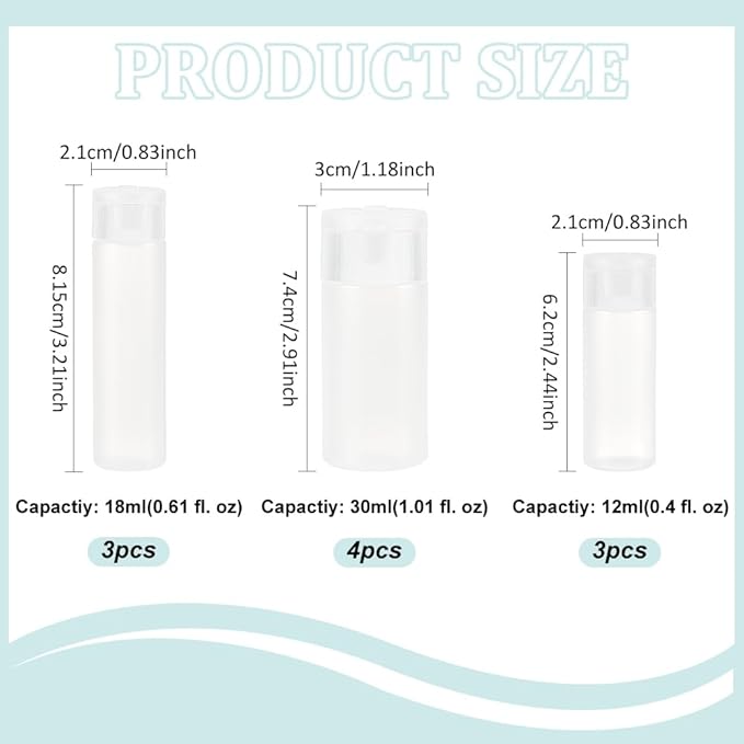 BENECREAT 10Pcs 12ml/18ml/30ml Travel Bottles Plastic Toiletry Bottles Flip Cap Squeeze Sample Bottle Containers for Makeup Lotion Emulsion Foundation Shampoo Packing