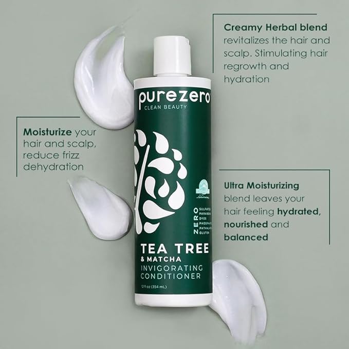 Purezero Tea Tree & Matcha Shampoo and Conditioner Set - Nourishing & Invigorating Scalp Treatment - Zero Sulfates, Parabens, Dyes Vegan and Cruely Free (12 Fl Oz (Pack of 2))