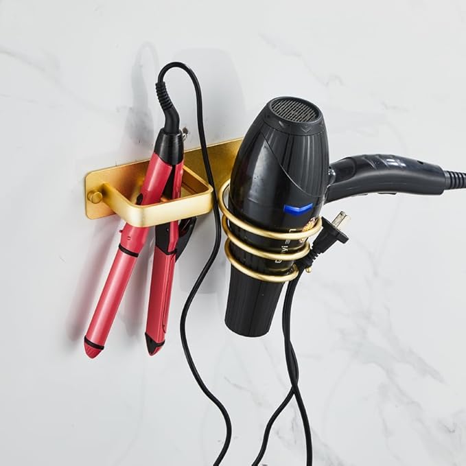 YUET Hair Dryer Holder Hairdryer Straightener Station Wall Mounted Spiral Shelf Bracket Stand Hanger Organizer Blow Storage with Cable Tidy Rack for Dressing Table Bathroom Professional Gold Brass