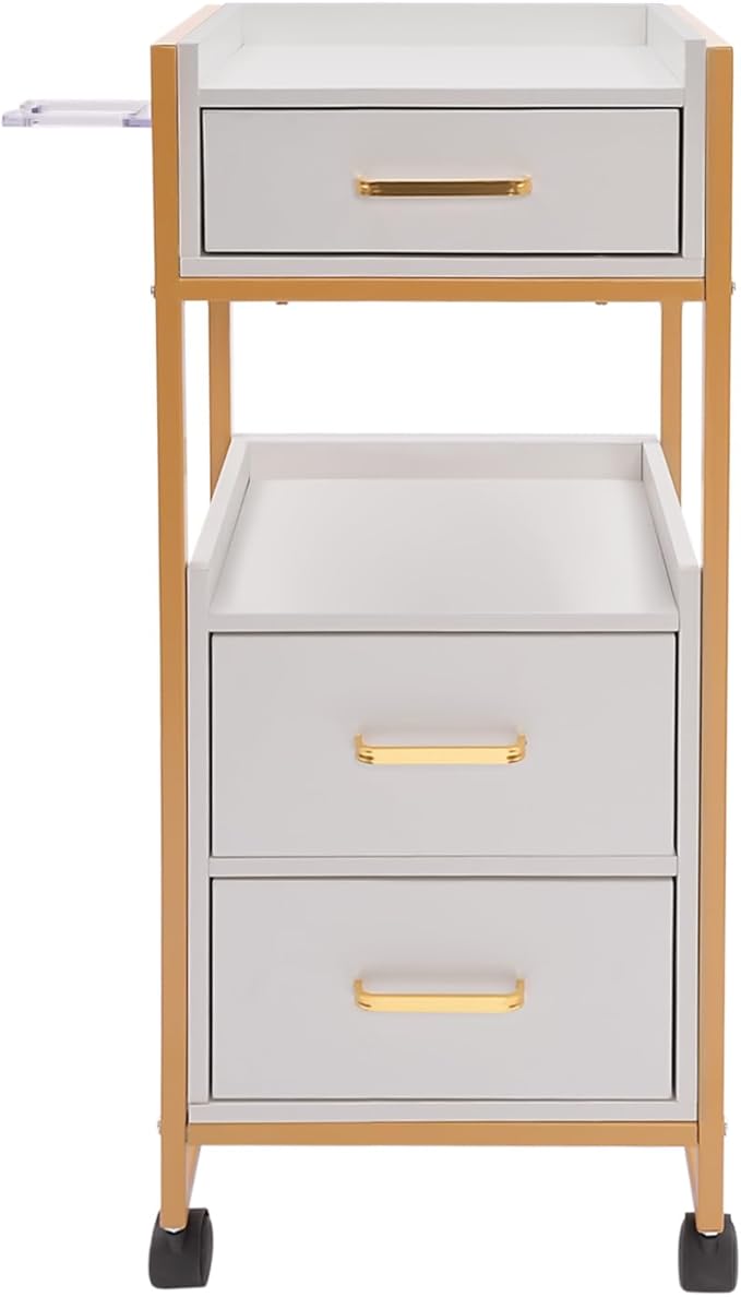 Salon Trolley with Wheels, 3 Drawers Salon Cart with Hair Dryer Holder Utility Salons Cabinet for Tools Storage at Barbershop Beauty Salons Tattoo Shop (White)