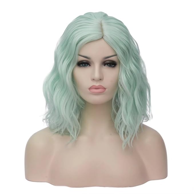 BUFASHION 14" Women Short Mint Green Kinky Straight Cosplay Synthetic Wigs With Air Bangs 46 Colors Available (Mint Green)