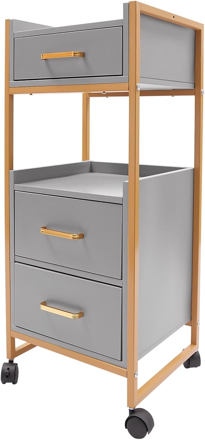 Salon Trolley with Wheels, 3 Drawers Salon Cart with Hair Dryer Holder Utility Salons Cabinet for Tools Storage at Barbershop Beauty Salons Tattoo Shop (Grey)