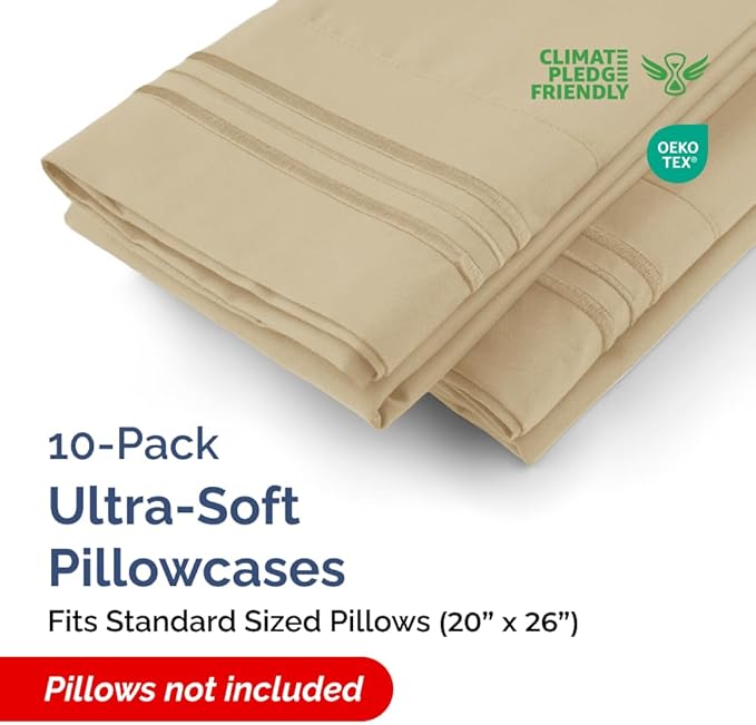 Standard Pillow Cases Set of 10 - Ultra Soft Hotel Quality Pillowcase Covers - Comfy, Cozy & Wrinkle Free - Shrink, Stain and Fade Resistant - Machine Washable Pillow Protectors - 10 Pcs Set - Beige
