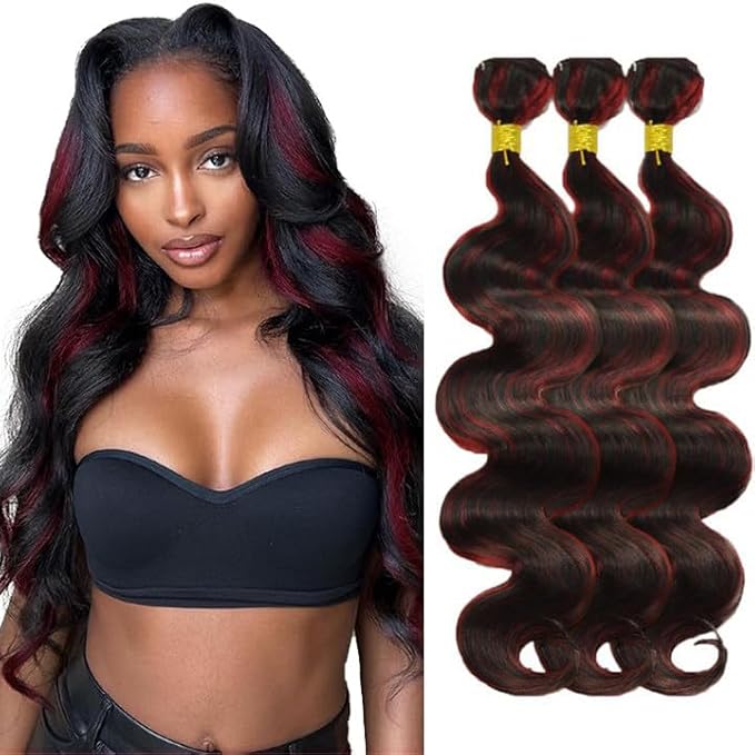 99j Bundles Human Hair Highlight Body Wave Bundles 16 16 16 Inch Niegmeag Brazilian Virgin Remy Hair Extensions Double Weft 2 Tone Red and Black Bundle Hair Weave