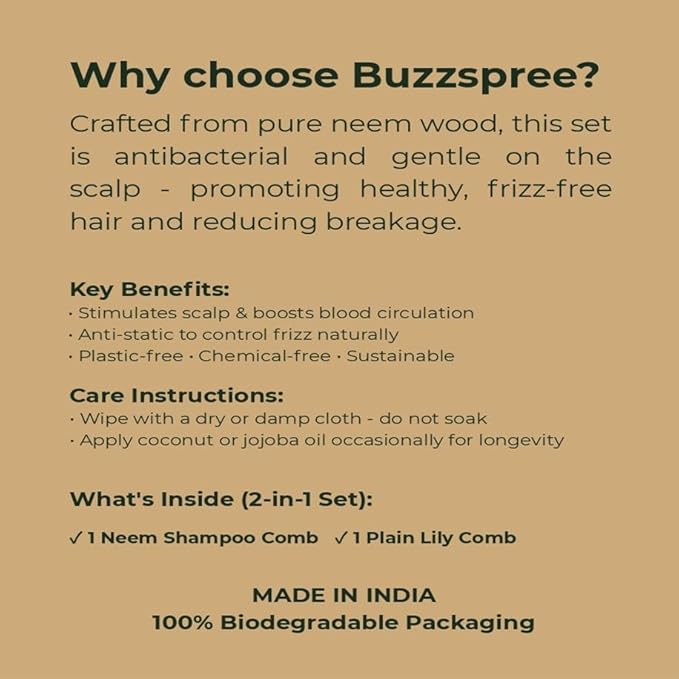 Natural Neem Wood Comb Set of 2 [Plain Lily & Shampoo comb]– Wide & Fine Tooth Handmade Wooden Hair Combs for Men & Women | Eco-Friendly, Plastic-Free, Scalp care for Gentle Hair Care