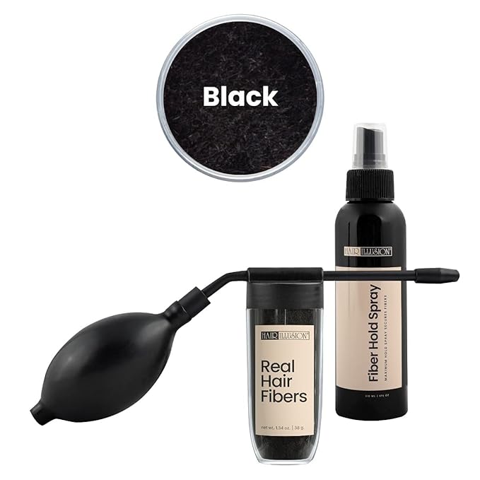 Hair Illusion Combo Kit - Hold Spray, 38g Hair Fiber Bottle, Applicator & Hairline Optimizer (Black)