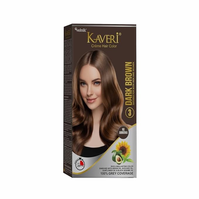 Kaveri Creme Hair Color Permanent Hair Dye Color - With Improved Creme Formula for Gray Coverage Ammonia Free Hair Color Dye for Rich Bright Long lasting (Dark Brown, 3.04 Fl Oz) - Pack Of 3