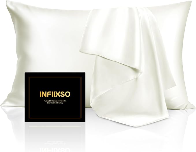 INFIIXSO Mulberry Silk Pillowcase for Hair and Skin, Silk Pillow Cases Standard Size with Hidden Zipper 20x26 Inches, Ultra Smooth and Soft Cooling Pillow Cases for Hot Sleepers(Cream, 1 Pack)