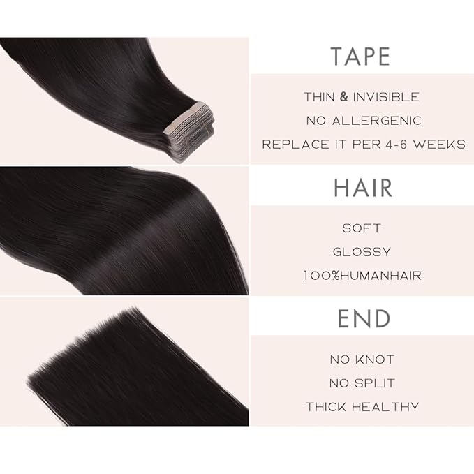 Human Hair Tape in Extensions, Natural Black Hair Extensions Real Human Hair 20 Inch 20pcs Remy Straight Tape ins Invisible Tape in Hair Extensions Human Hair (1B#,20 Inch)