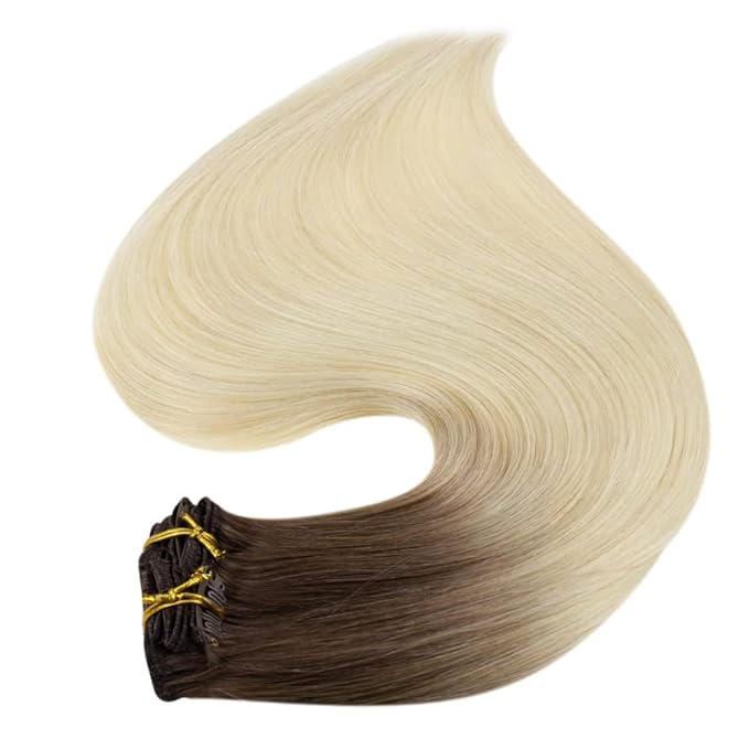 Full Shine Ombre Clip in Blonde Human Hair Extensions 16 Inch Straight Hair Clip in Extensions Dark Brown to Bleach Blonde 120 Grams 16 Inch