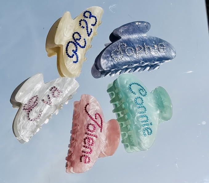 Personalized Hair Claw Clips with Rhinestones - Custom Cute Bridal Claw for Classy Occasions (Pearl White)