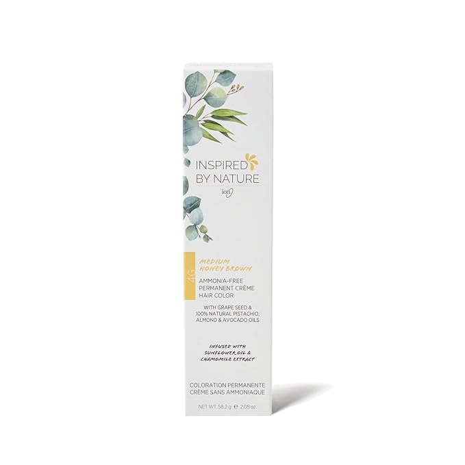 ion Inspired By Nature Permanent Hair Color Medium Honey Brown 4G, made from 100% naturallyderived polymers, cruelty free, vegan, PPD free, recyclable packaging, 2.05 oz