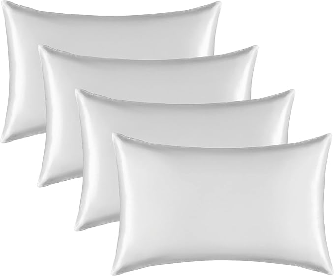Satin Silk Pillowcase for Hair and Skin, Black Pillow Cases Standard Size Set of 4 Pack Super Soft Pillow Case with Zipper Closure (Ivory, Standard(4 Pack))