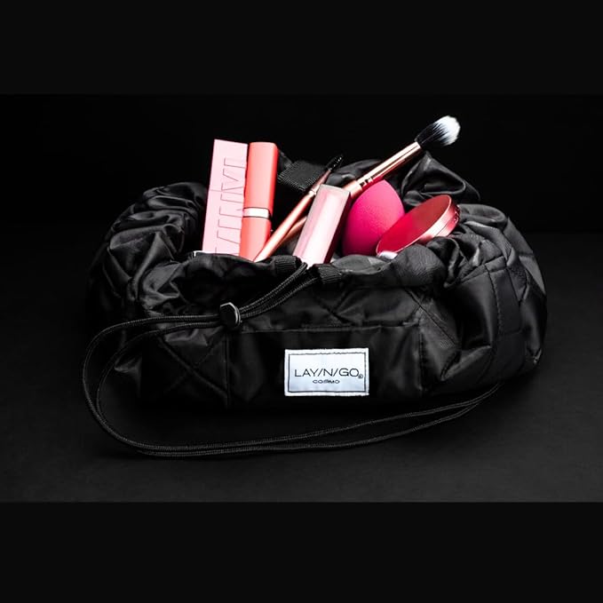 Lay-n-Go Cosmo Layflat Drawstring Cosmetic & Makeup Bag Organizer w/Zipper Pocket, Brush Loops & More, Cinch to Close, Lay Flat to Use, Durable, Machine Wash, Travel Toiletry Bag (16", Black)