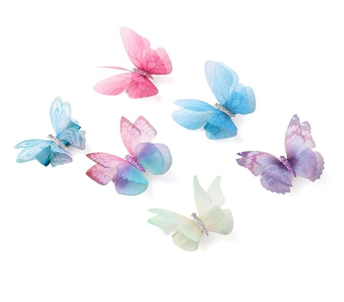 6Pcs/pack 3D Colorful Organza Butterfly Hair Clips - Chiffon Fairy Wings - Ribbon Wrapped Clips 0.4Inch Barrettes Hair Accessories For Women(Multicolor1)