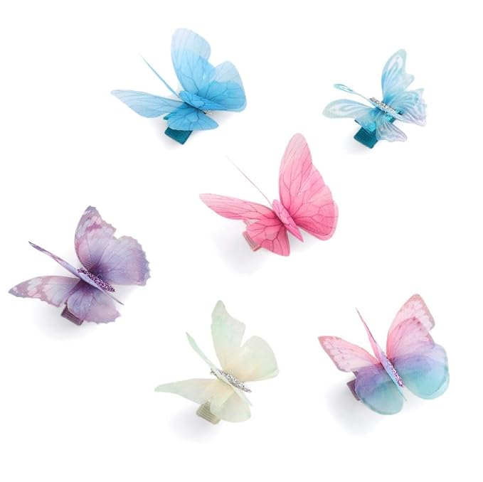 6Pcs/pack 3D Colorful Organza Butterfly Hair Clips - Chiffon Fairy Wings - Ribbon Wrapped Clips 0.4Inch Barrettes Hair Accessories For Women(Multicolor1)