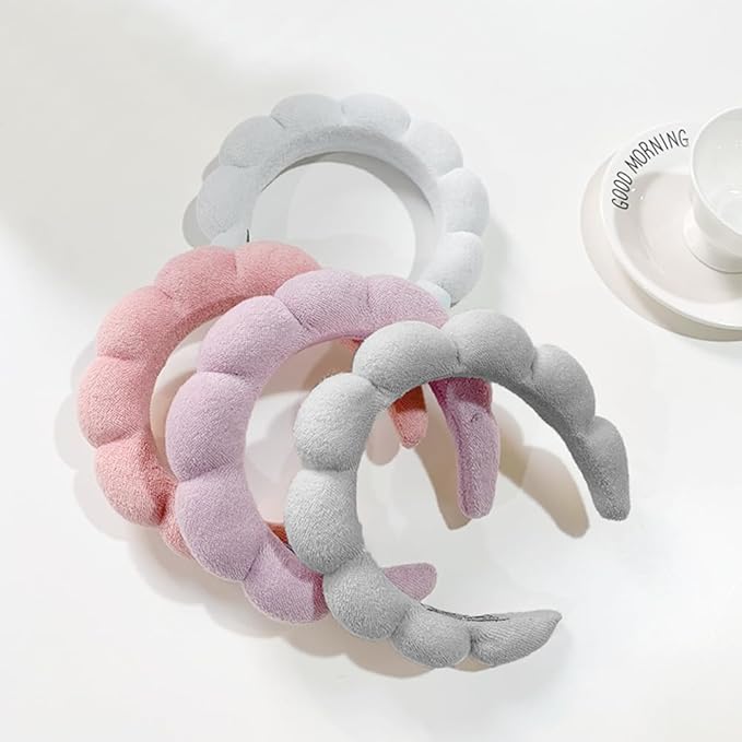 Spa Headbands for Washing Face or Makeup, Sponge Bubble Skincare Headbands, Puffy Terry Cloth Hairband for Women, Skin Care Makeup Headwear Hair Accessories for Girls (White)