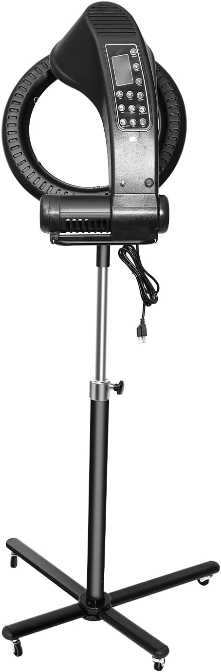 Infrared Hair Dryer, 3-in-1 Orbital Standing Hair Dryer,Adjustable Height Hair Steamer with 4 Wheels and Digital Screen, for Hair Care, Coloring, Drying, Black