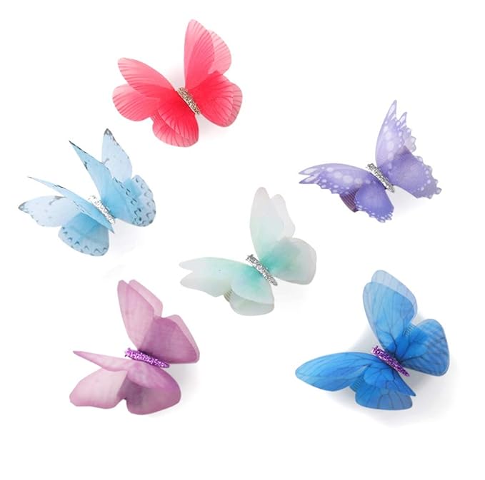 6Pcs/pack 3D Colorful Organza Butterfly Hair Clips - Chiffon Fairy Wings - Ribbon Wrapped Clips 0.4Inch Barrettes Hair Accessories For Women(Multicolor2)