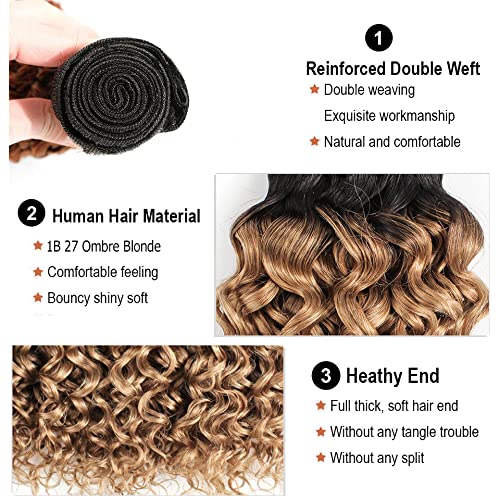 1b/27 Human Hair Bundles Ombre Blonde Deep Wave Bundle Brazilian Virgin Soft and Silky Remy Hair 3 Bundles 12 14 16 Inch Double Weft 2 Tone Black and Honey Blonde Bundle 150g
