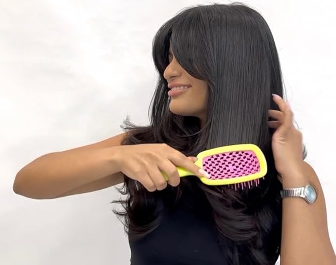 BOM BOM 2 Unit Kit, Wet And Dry Vented Detangling Hair Brush For All Hair Types, Light Weight Hairbrush, Scalp Massage Brush (magenta yellow)