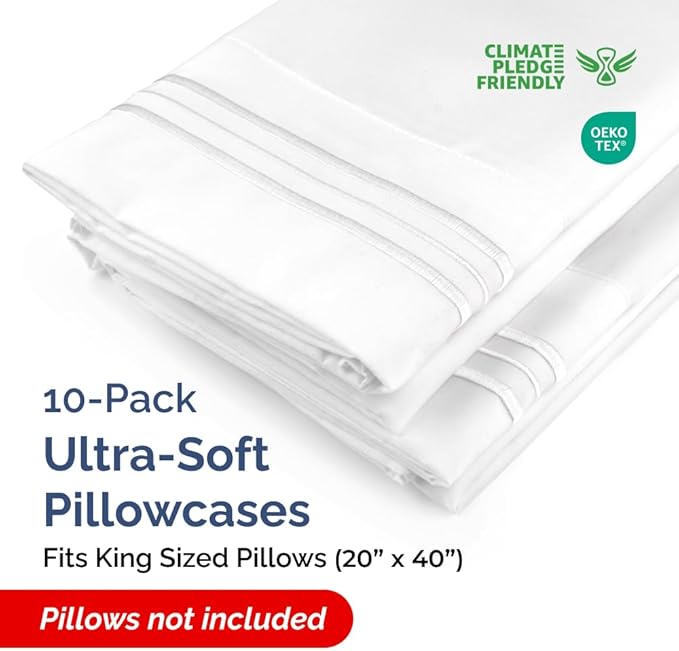 King Pillow Cases Set of 10 - Ultra Soft Hotel Quality Pillowcase Covers - Comfy & Wrinkle Free - Shrink, Stain and Fade Resistant - Easy-Care, Machine Washable Pillow Protectors - 10 Pcs Set - White