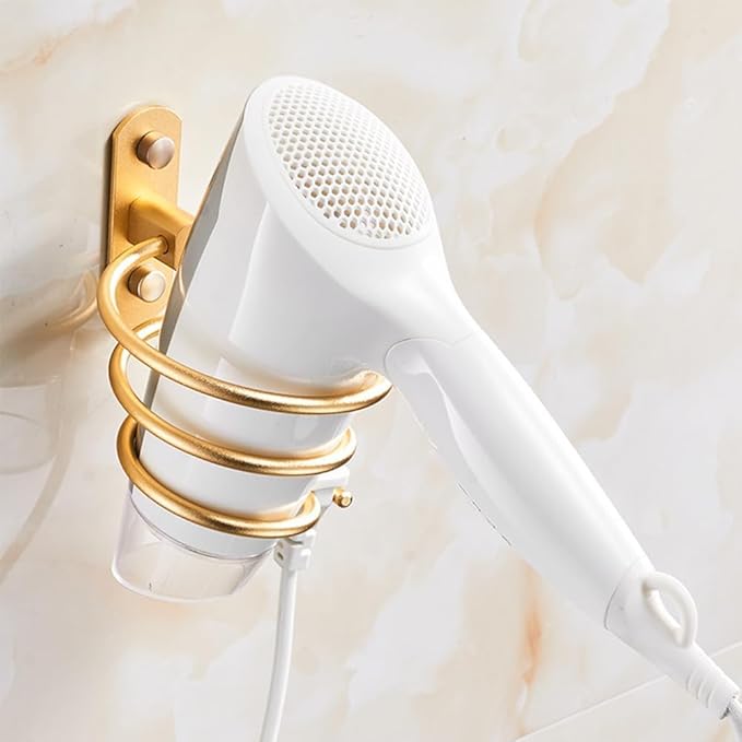 Blow Dryer Holder Wall Mounted Bathroom Hair Dryer Hanger Hair Tool Organizer for Full Size Dryer Swivel Storage Rack with Armrests for Flat Iron Curling Iron Space Saving Design (Gold)