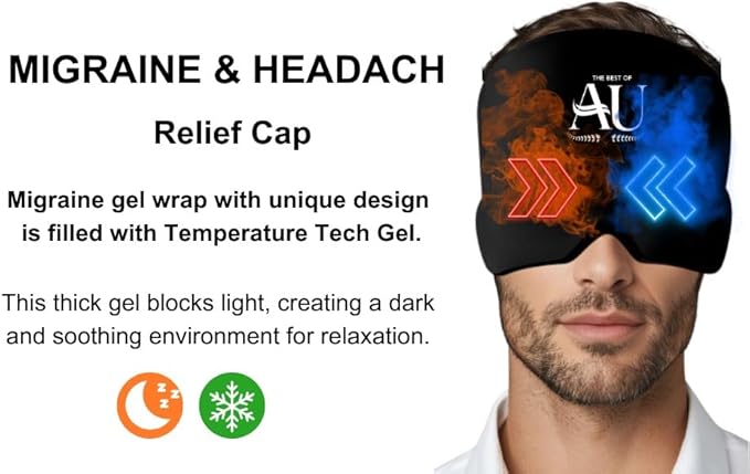 Migraine Relief Cap Ice Headache Hat – Hot & Cold Gel Therapy for Migraines, Tension & Sinus Pressure – 360° Cooling & Heating Headache Ice Pack for Men & Women (Black)
