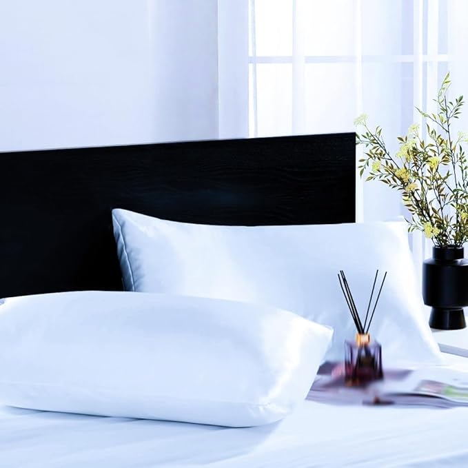 Satin Silk Pillowcase for Hair and Skin, Black Pillow Cases Standard Size Set of 4 Pack Super Soft Pillow Case with Zipper Closure (White, Queen(4 Pack))