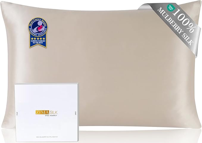 ZIMASILK Upgraded 100% 6A Grade Pure Mulberry Silk Pillowcase for Hair and Skin Silk Pillow Cases with Reinforced Hidden Zipper, More Soft & Durable, Gift Box (Standard 20"x26" Beige)