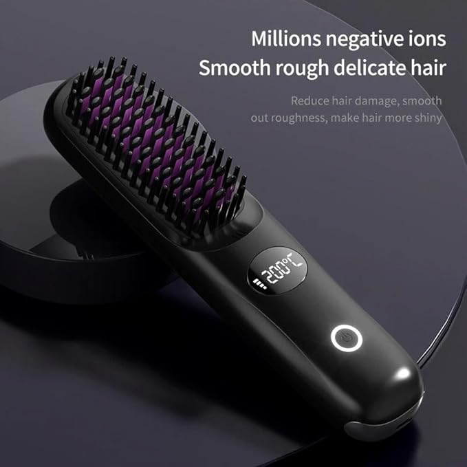 Cordless Hair Straightener Brush: Portable Rechargeable Heated Straightening Comb with LED Display & 3 Temperature Settings - Travel Hair Brush for Smooth Frizz-Free Styling (Pink)