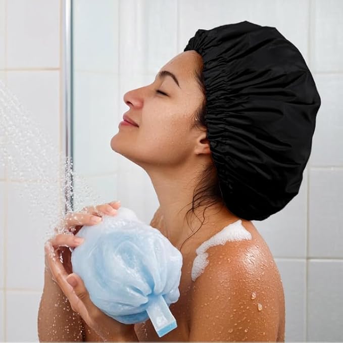 Reusable Shower Cap for Women, Large Waterproof Shower Bonnet Washable Elastic Band Bath Accessories Hair Hat for Long Hair, Braids(Black)