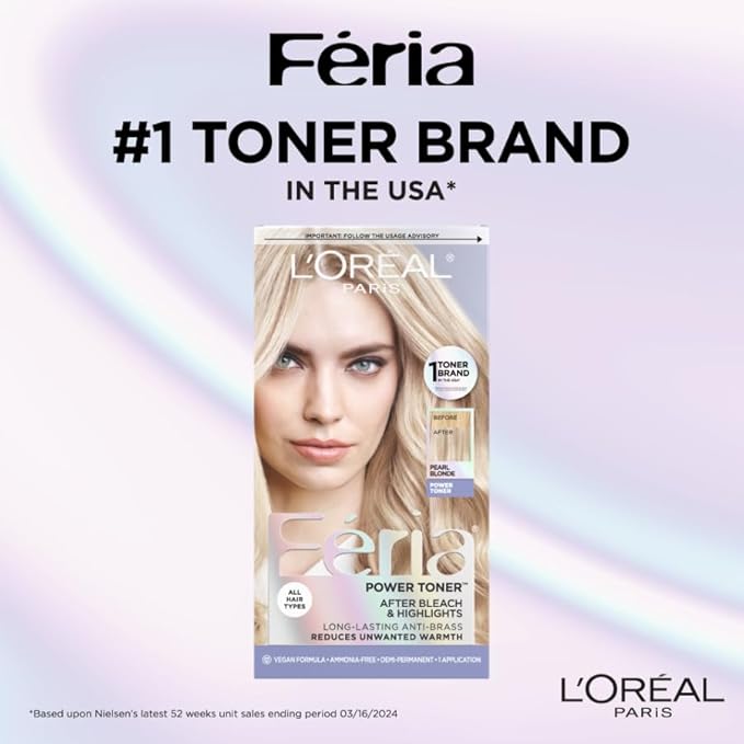L'Oreal Paris Feria Long-Lasting Anti Brass Power Hair Toner, Ammonia Free Demi Permanent Hair Color, Pearl Blonde Hair Toner, 1 Application (Pack of 2)